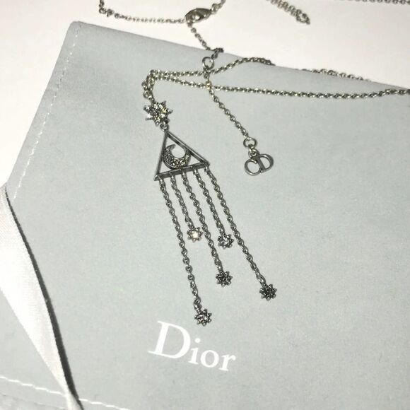 CHRISTIAN DIOR Silver Pendant Lariat Necklace MOON & STARS - Picture 6 of 13